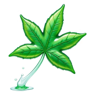 glossy green gusher gummy in the shape of a weed leaf with a bite taken out and liquid center visible sticker