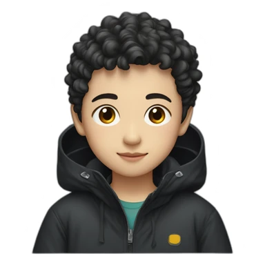 Chinese boy with short and slightly naturally curly hair wearing a black oversize waterproof jacket sticker