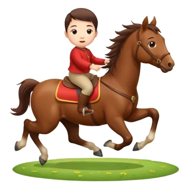l little chinese baby riding on a  cute horse running really fast on the grass with 2026 year's label sticker