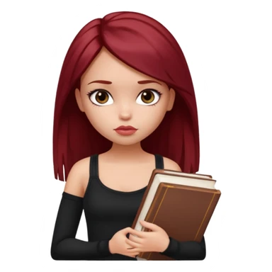 a pretty bratz fair girl with dark red straight hair, black cami top, looking sad holding books. looking sad sticker