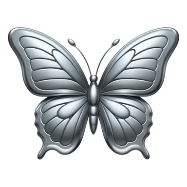 Liquid metal butterfly emoji, silver chrome material, iOS emoji style, smooth curves, reflective surface, elegant and minimal, white background sticker