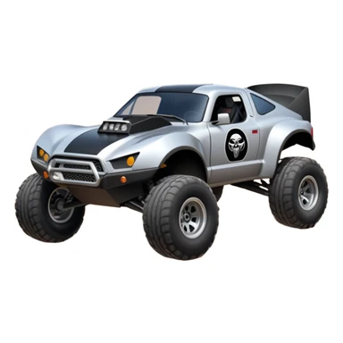 Satan’s and Vader (post race) Cabernet Dirty and dented Local Motors Rally Fighter off road race car hot rod trophy truck-style basher flying on a dusty road (silver wheels) sticker