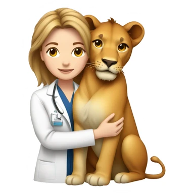 Female light brown hair veterinarian cuddling a lion sticker
