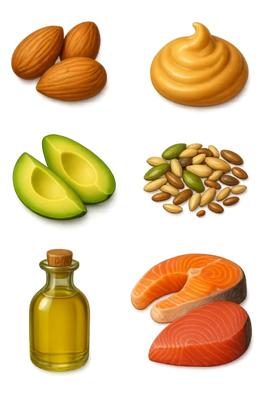 EMOJI STILE IPHONE DI
Frutta secca (mandorle, noci macadamia)
Burro di frutta secca (es. burro di arachidi)
Avocado (in piccole porzioni)
Semi
Olio extravergine d’oliva
Pesce grasso (salmone, tonno)
, fluttuano in aria REALISTICA 4K sticker
