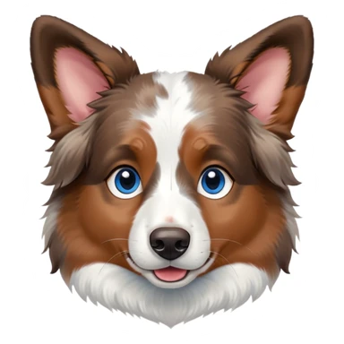 cute close-up of Australian Shepherd dog face, adorable expression, detailed heterochromatic eyes (one blue one brown), fluffy fur with merle pattern, expressive ears, sweet smile sticker