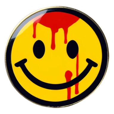 Yellow circular smiley face pin with a small red blood splatter on it sticker