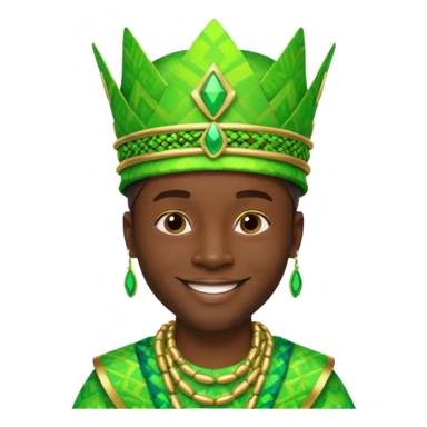 Create me an emoji of a cool Young Nigerian king wearing a neon green gradient African patterns with metallic "hula hat" (a Nigerian-inspired hat).  sticker