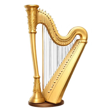 Cinematic Realistic Harp, a grand golden harp with intricately carved details, delicate strings shimmering under soft candlelight, rich wood tones adding warmth, a musician’s gentle fingers plucking a note, glowing with an ethereal and majestic aura. sticker