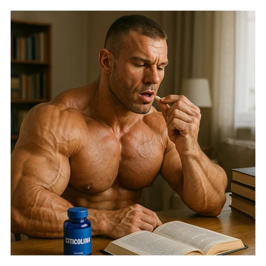 hyper realistic bodybuilder taking Citicolina during study, well visible muscles, blue bottle, books on table, text 'Focus e apprendimento', home environment, realistic details sticker