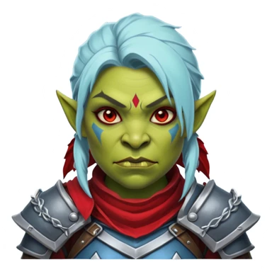 Fantasy Christmas orc legion soldier icon, iron tundra army theme, heavy winter armor, disciplined brutal look, dark icy steel armor with bold crimson cloth and markings, cold blue shadows, high contrast, clean emoji portrait style, female variant sticker