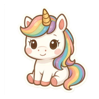 chibi sticker-style unicorn with a rainbow mane, cute and exaggerated sticker