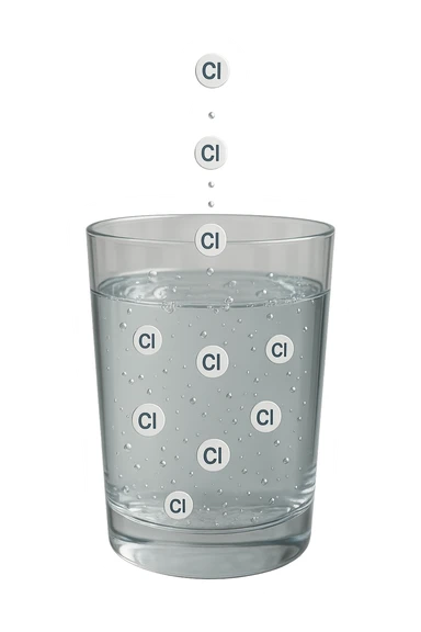 un bicchiere di acqua fluttua in aria realistico e dettagliato, dentro l'acqua del bicchiere ci sono particelle di cloro ben visibili con la scritta "Cl" sopra, ci sono particelle anche che escono dal bicchiere e fluttuano in aria verticalmente, mentre alcune sono all'interno dell'acqua nel bicchiere, iperrealistico 4k sticker