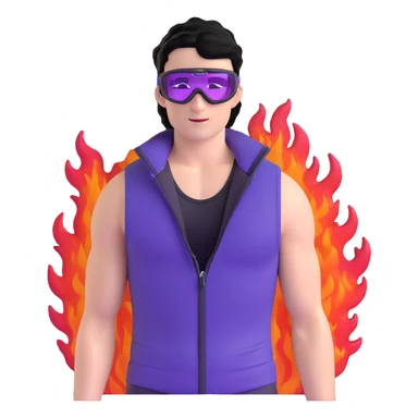 male athlete with white skin and moderately curly black hair on top with shaved sides, wearing ski goggles with purple frames and very dark black lenses, a simple plain black chain necklace, and a completely unzipped sleeveless vest with purple and black sequin fire pattern design, fully revealing his chest, shoulders and arms, no earrings sticker