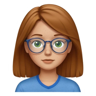 Create an emoji of a girl with light brown hair medium length hair, green eyes, freckles, glasses and wearing a blue shirt sticker