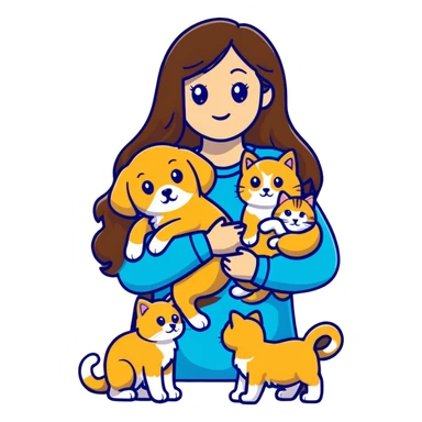 Beautiful woman with long brown hair holding a golden retriever and three cats sticker