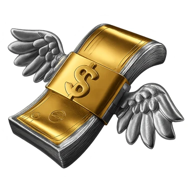 Make the money gold and shiny, keep the wings and all other areas chrome and metallic, no background. sticker