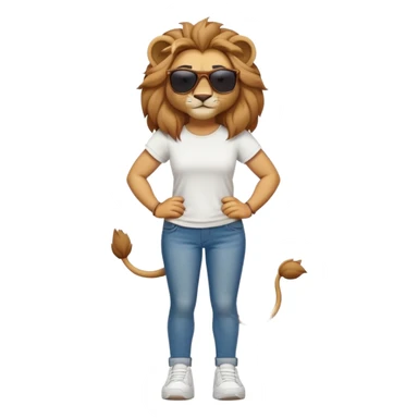 friendly anthropomorphised female lion character, full body, standing confidently with legs shoulder width apart and arms folded, wearing jeans, a white t-shirt, dark sunglasses, and trainers, with a confident smile sticker