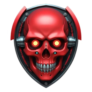 Cyberpunk shield, skull with cybernetic implants, glowing wires, dark electric red and black tones, no background sticker