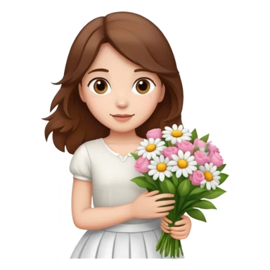 girl with brown hair wearing a white skirt holding a bouquet of flowers sticker