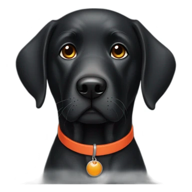 old black labrador with red collar and orange clothes sticker