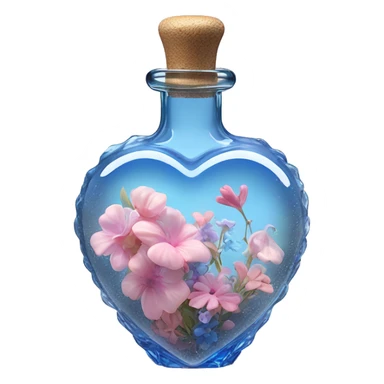 Antique oil heart bottle made of crystal glass of gentle colors of the blue and pink, a living flower fairy sits at the bottom of the bottle sticker