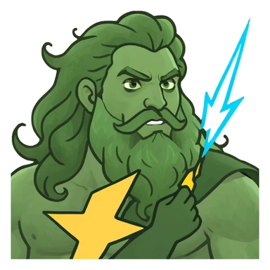 Zeus, the Greek god, with his beard, long curly hair, and regal attire, holding a lightning bolt sticker