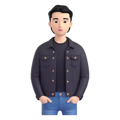 3D emoji Microsoft style, young man with black hair, wearing black t-shirt and black denim jacket, photo reference sticker