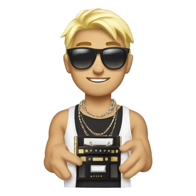 blonde boy in stylish jewelry with a boombox sticker