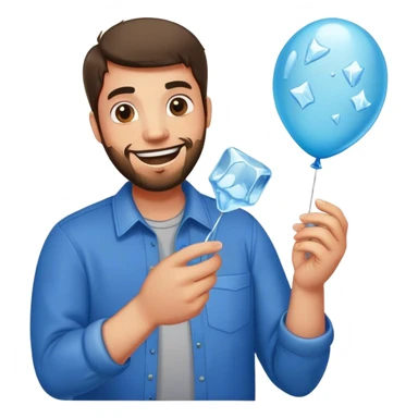 A very happy man with Ice cubes, broken glass and a balloon  sticker