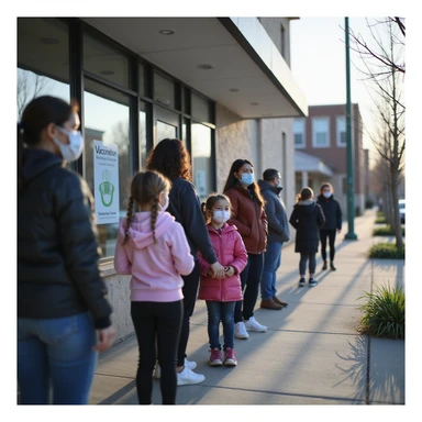 photo-realistic documentary style, parents with children in line outside a modern medical clinic, some masked, clear vaccination sign, suburban setting, soft daylight, 4K resolution sticker