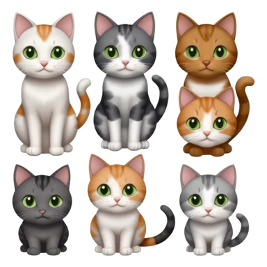 6 different coloured small cats including a dark grey and white, and a patchy calico, and a brown tabby and white,  and a completely solid dark grey with green eyes and only white paws sticker