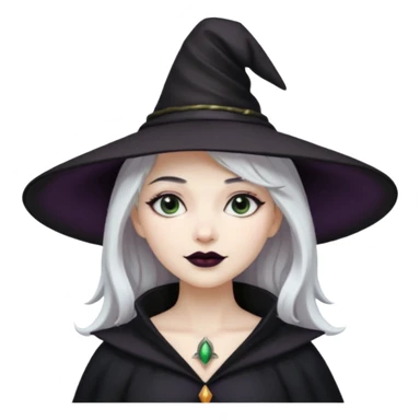 White hair pale skin woman with black lipstick wearing a witch hat sticker