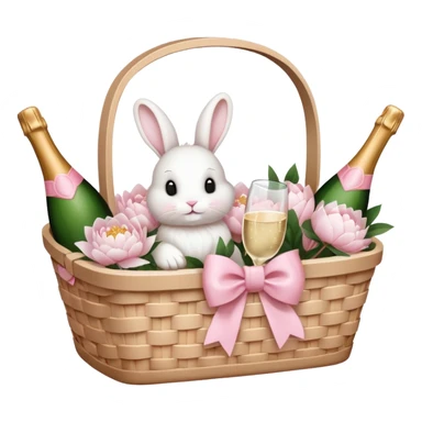 A white Picnic basket with light pink bow, white peonies, a white rabbit and one pink champage bottle inside sticker