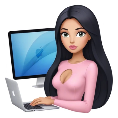 Glamours, tanned, very beautiful girl, with big pump peach-beige-rose lips, long lashes, black straight smooth silky long hair, straight parting hair, blue-grey eyes, in light-pink bodysuit holding MacBook sticker