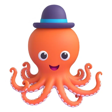 excited octopus wearing a tiny hat, 3D emoji style sticker
