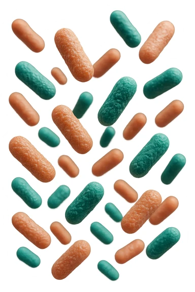 batteri intestinali rosa salmone e turchesi fluttuano in aria, iperrealistici 4k sticker