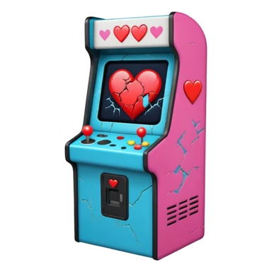 Arcade machine with broken heart on screen sticker