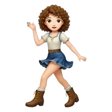 full body woman short curly brown mullet hair brown eyes white skin dancing with fireflies around boots sticker