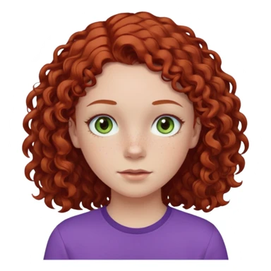 pale white teen girl with light blueish green eyes and freckles with brownish red curly middle part hair and purple shirt sticker