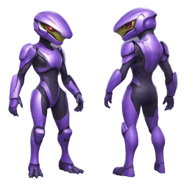 A purple Reptile-Raptor-Alien-Genesect-Mewtwo-Fakémon, with a futuristic visor-helmet, wearing a techwear-suit, Full Body sticker