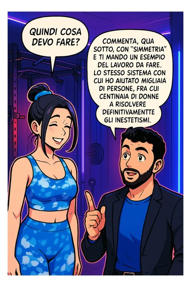TRASFORMA QUESTO CAROSELLO IN UN FUMETTO STILE WEBTOON/MANGA A COLORI CON QUESTE DUE PERSONE IDENTICHE CHE INTERLOQUISCONO TRA LORO, LA DONNA SEMBRA SOLLEVATA/SODDISFATTA E CONTENTA:

LEI (DONNA): Quindi cosa devo fare?
LUI (UOMO): Commenta, qua sotto, con “simmetria” e ti mando un esempio del lavoro da fare. Lo stesso sistema con cui ho aiutato migliaia di persone, fra cui centinaia di donne a risolvere definitivamente gli inestetismi. sticker
