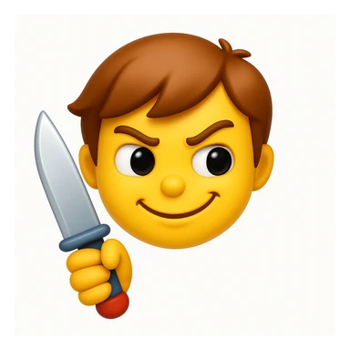 A 3D emoji in iOS emoji aesthetic style of a mischievous character holding a toy knife, with a playful smirk and cartoonish expression, not scary, bright colors, glossy surface, soft lighting, clean white background.
 sticker