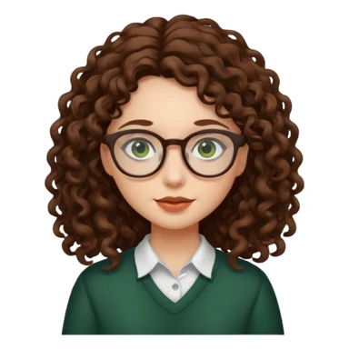 rapariga, olhos verdes escuros, cabelos compridos aos caracóis, com óculos sticker