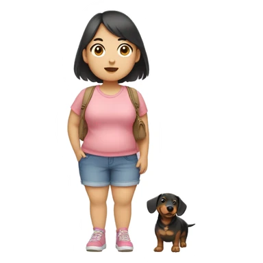 Short chubby asian girl wearing shorts and crocs holding a dachsund sticker