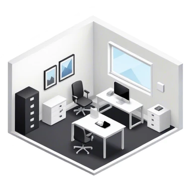 An isometric 3D room with two white walls that meet at the back left and right and a single Window. Black and White Office Room with a single desk sticker