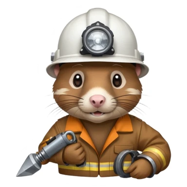 a mole rat with ore drill bit, white helmet, headlamp sticker