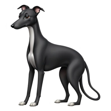 cinematic-[black greyhound]-realistic-full-body-sitting-emoji,-tail-resting-loosely-beside-its-paws,-head-tilted-dramatically, ears drooped, -sleek-[black]-fur,-simplified-yet-realistic-focused-features,-highly-detailed,-glowing-with-an-almost-sarcastic-glow sticker