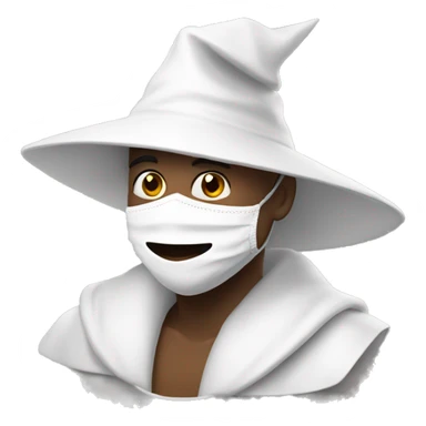 Make a guy in a white robe with a white mask and a triangle pointy hat smiling sticker
