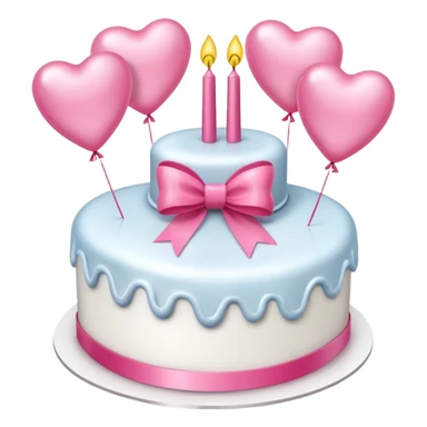 white heart shaped birthday cake with pink bow, pink balloons in background  sticker