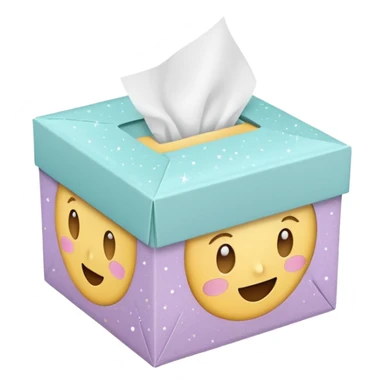 Cute emoji-style illustration of a small aesthetic packaging box with tissue paper and sparkles, pastel neutral tones, minimal design, clean background. sticker
